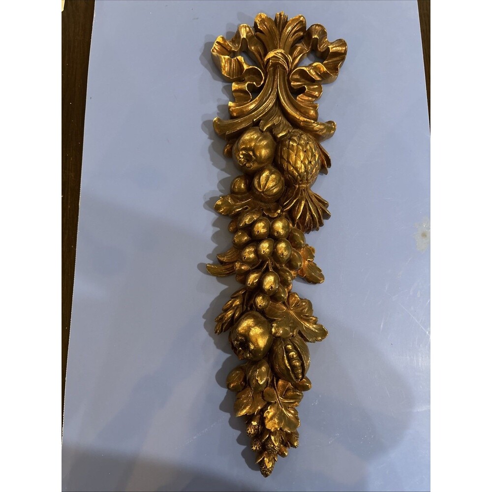 Vintage 1955 Wood Gold Fruit Foliage Wall Plaque 16.25" Hollywood Regency Decor